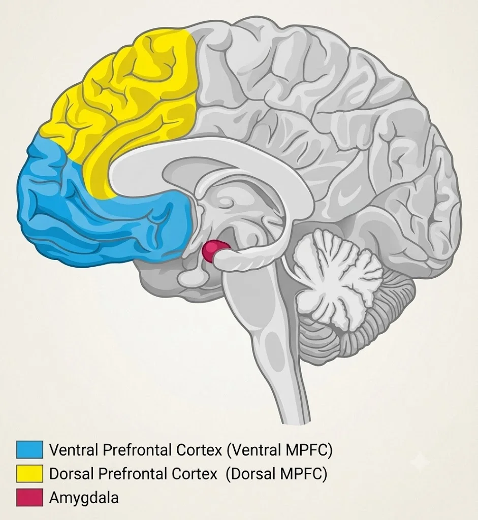 Diagram of the human brain highlighting the ventral prefrontal cortex, dorsal prefrontal cortex, and amygdala